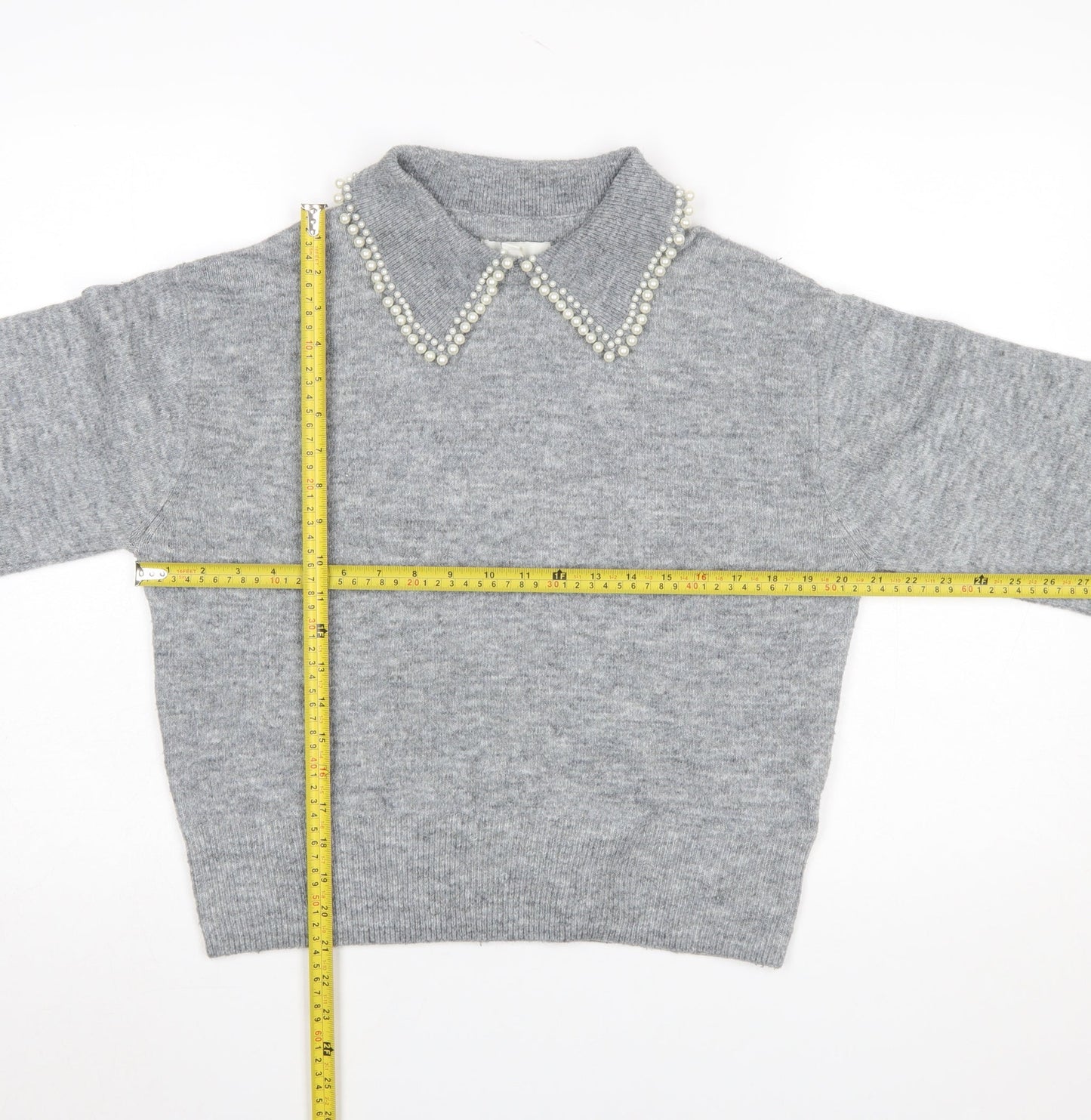 H&M Women Grey Beaded Collar Knit Jumper Size S