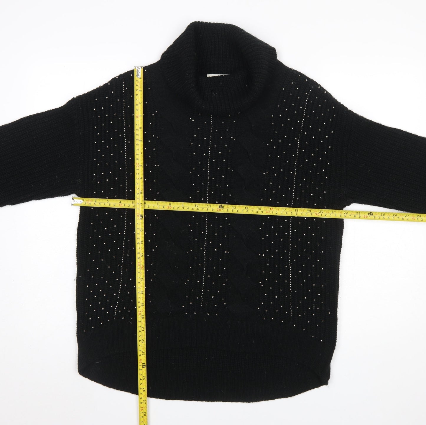 Marks and Spencer Women Black Roll Neck Cable-Knit Jumper Size 14