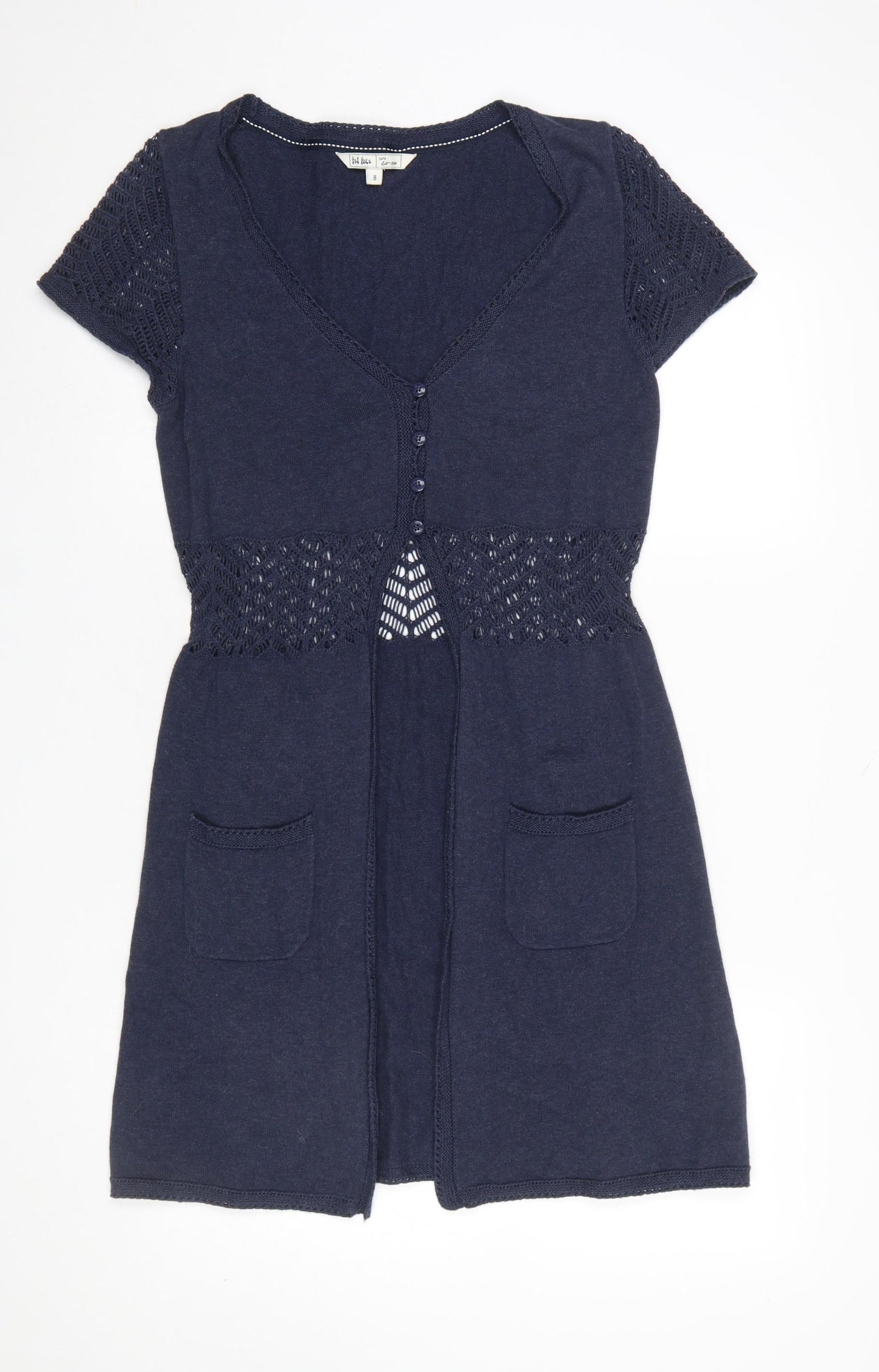 Fat Face Women’s Blue Cotton Knit Short Sleeve Cardigan Size 8
