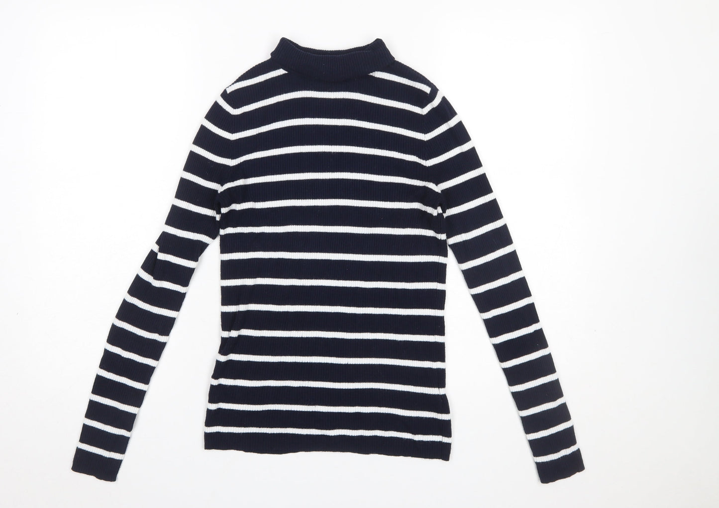 Marks and Spencer Women Blue Striped Mock Neck Jumper Size 10