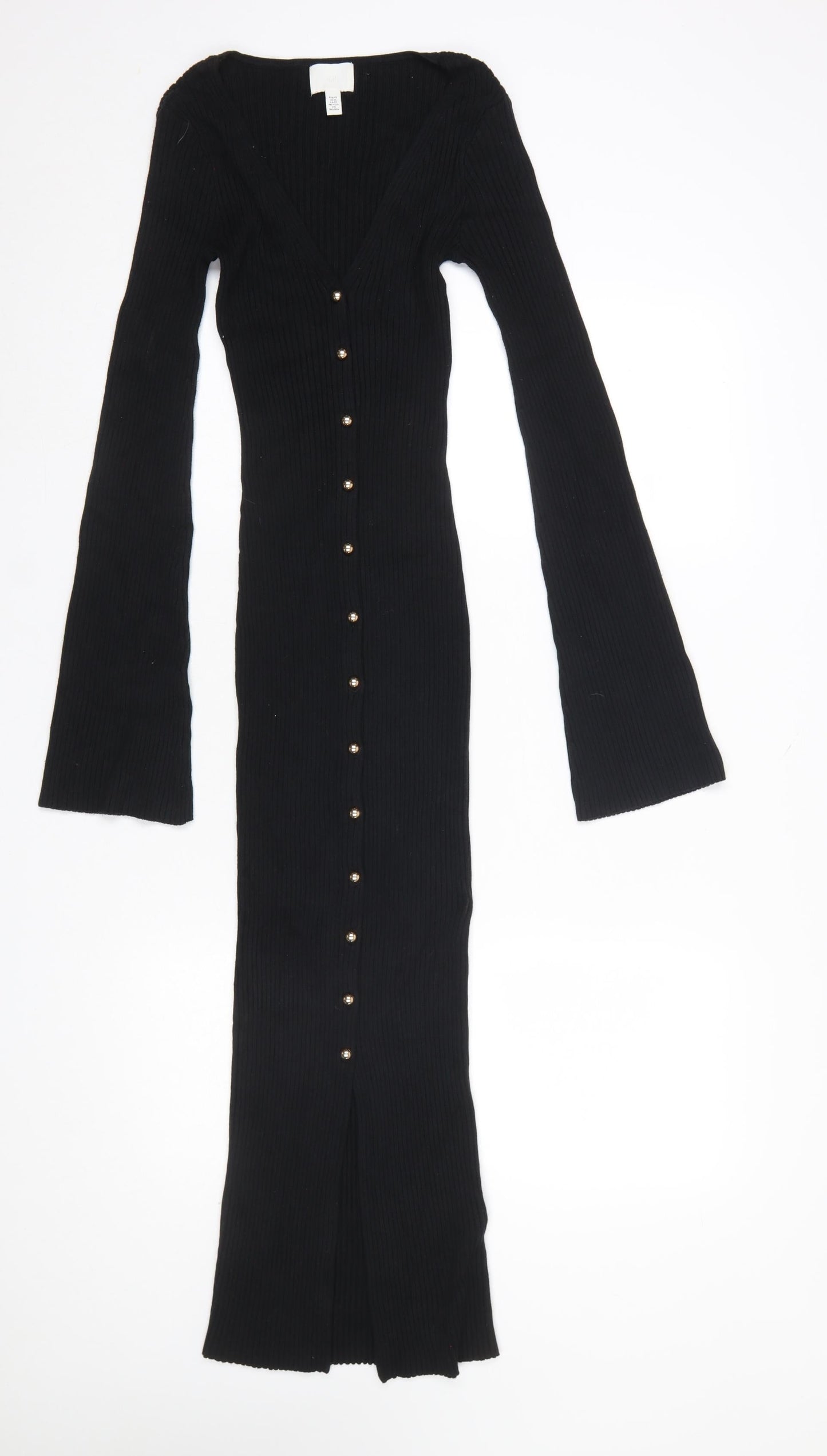 H&M Women’s Black Bodycon Long Sleeve Button Ribbed Midi Dress XS