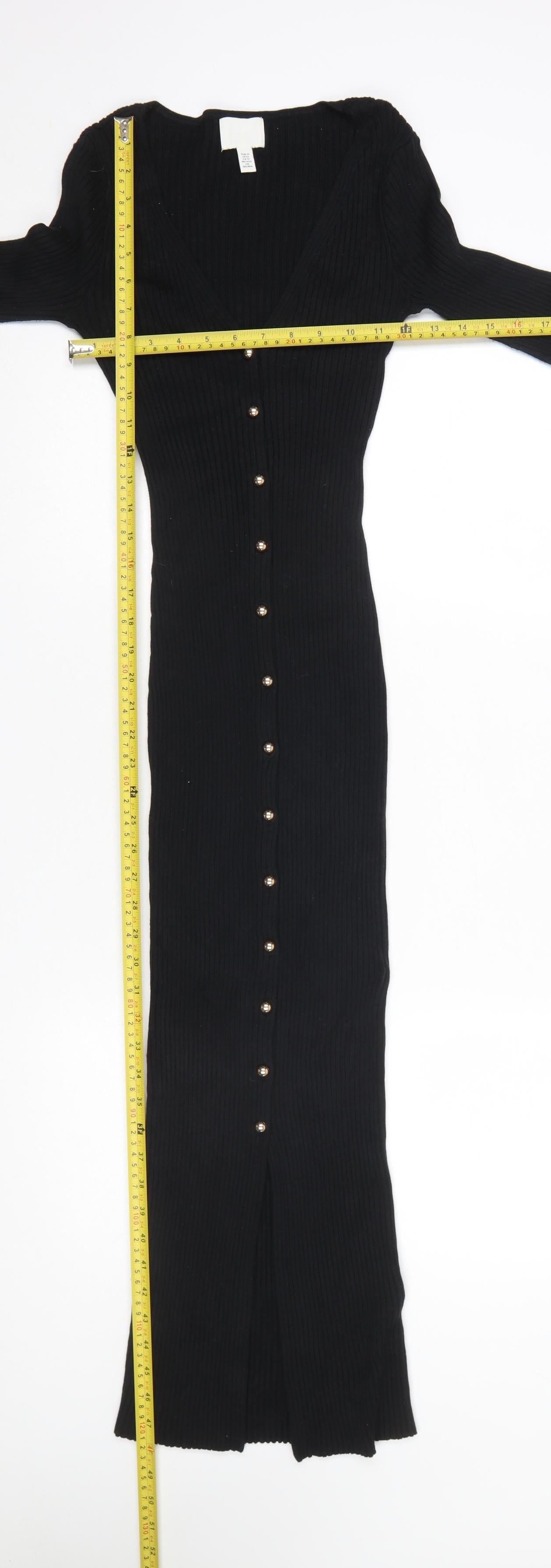 H&M Women’s Black Bodycon Long Sleeve Button Ribbed Midi Dress XS