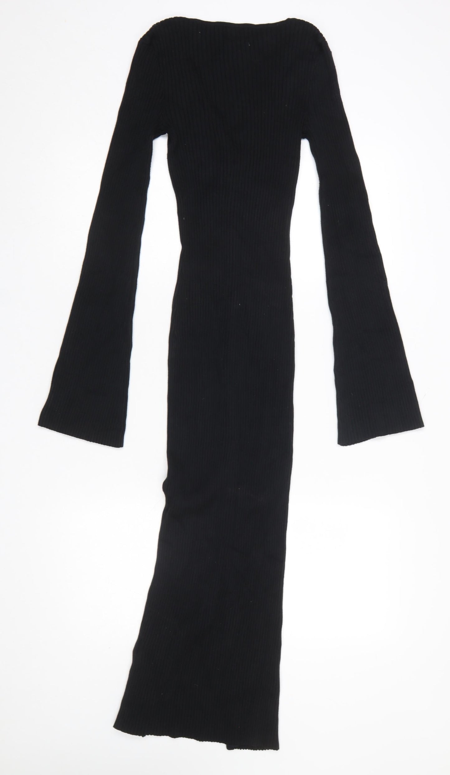 H&M Women’s Black Bodycon Long Sleeve Button Ribbed Midi Dress XS
