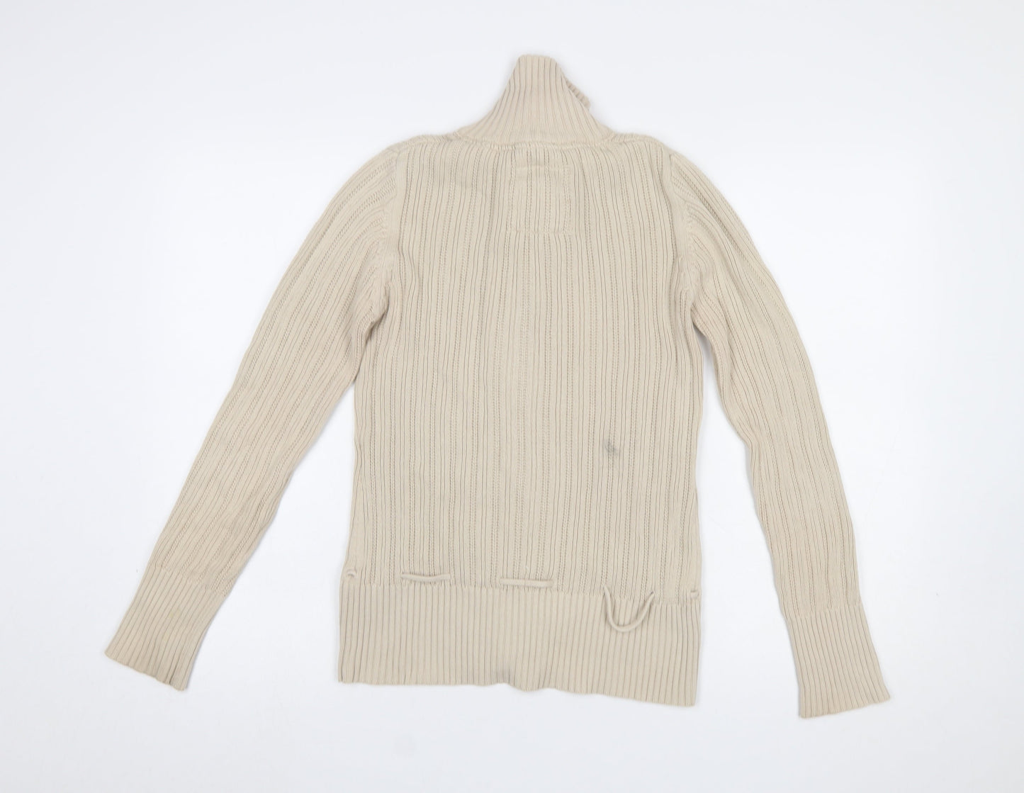 H&M L.O.G.G Women Beige Cotton Cable-Knit High Neck Cardigan S