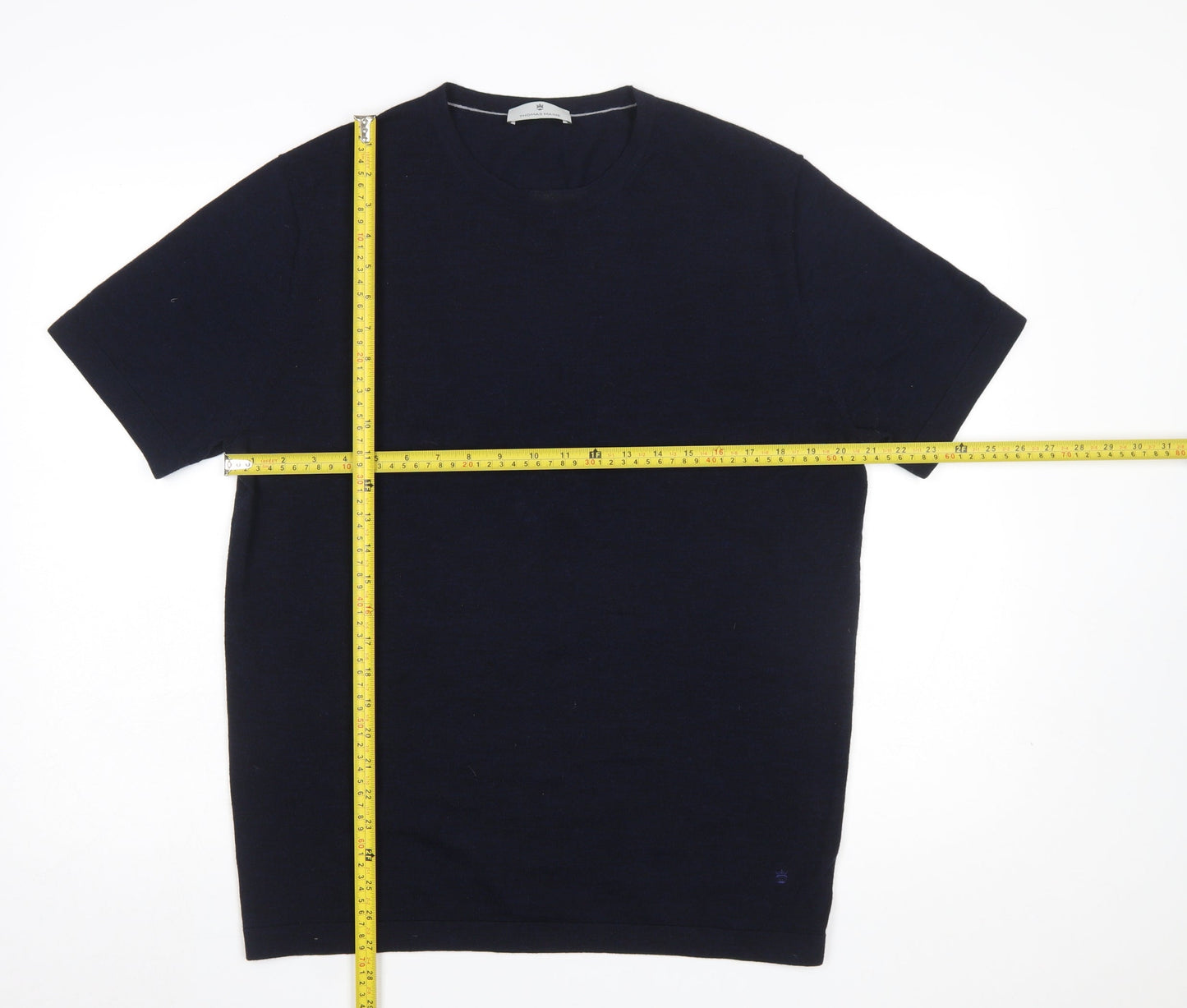 Thomas Maine Men's Blue Merino Wool Crew Neck Short Sleeve Jumper L