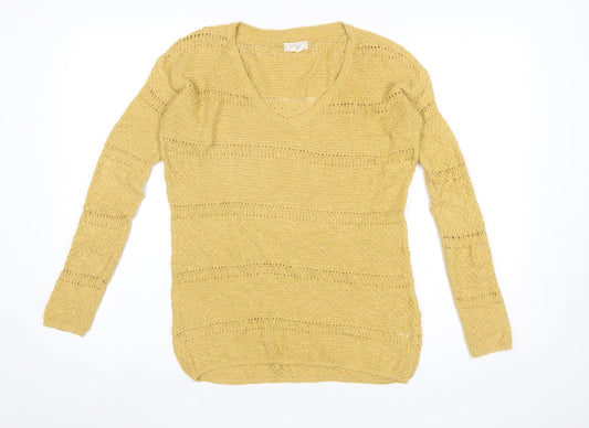 Fat Face Women’s Yellow Cotton Open-Knit V-Neck Jumper UK 8