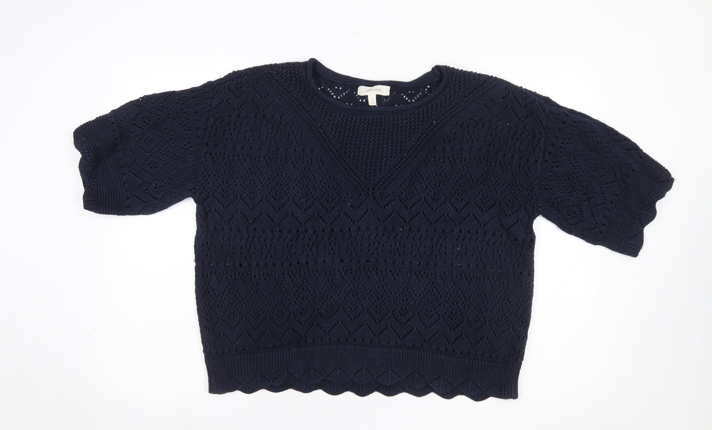 Marks and Spencer Per Una Women Blue Cotton Knit Short Sleeve Jumper Size 18