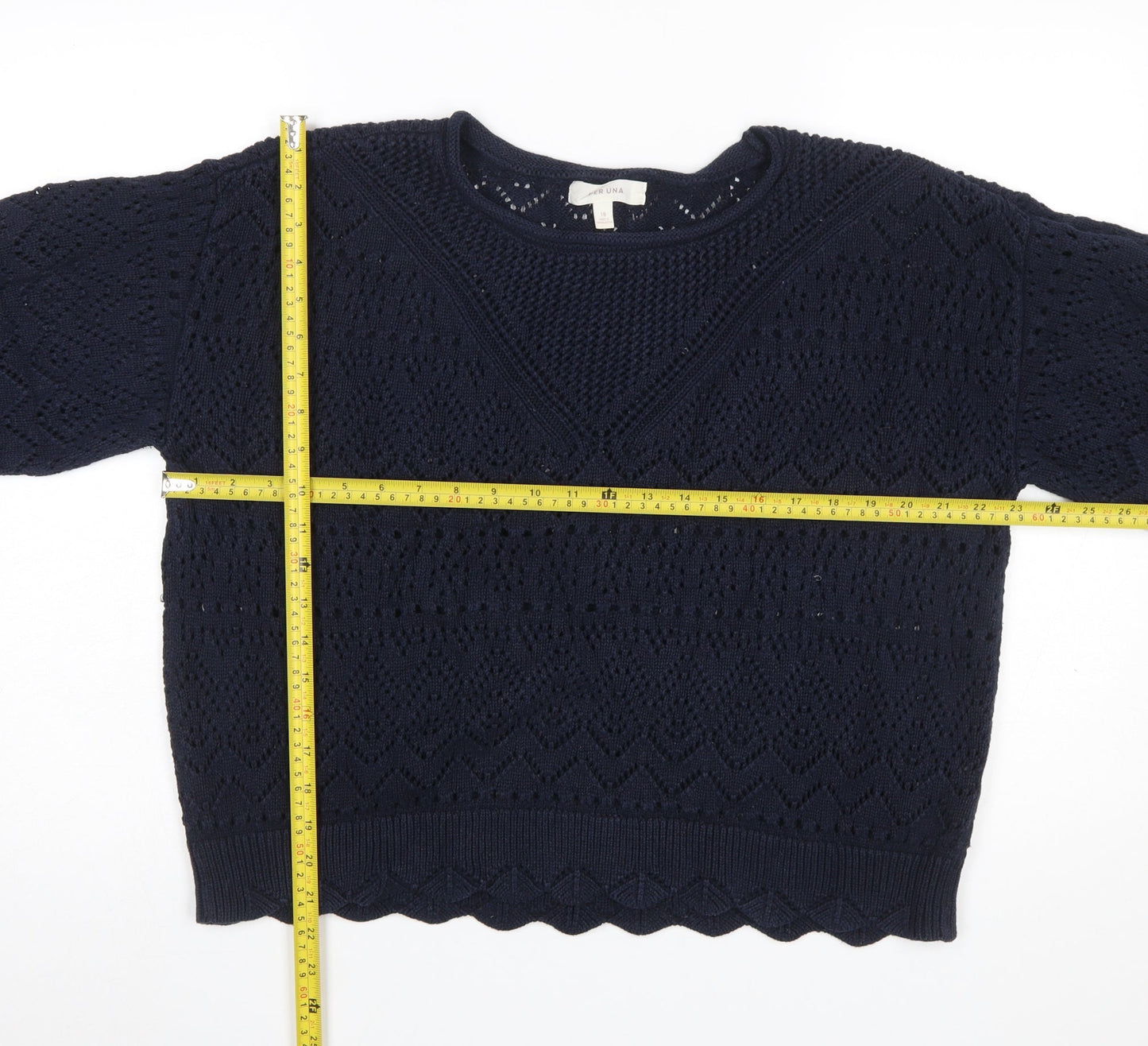 Marks and Spencer Per Una Women Blue Cotton Knit Short Sleeve Jumper Size 18