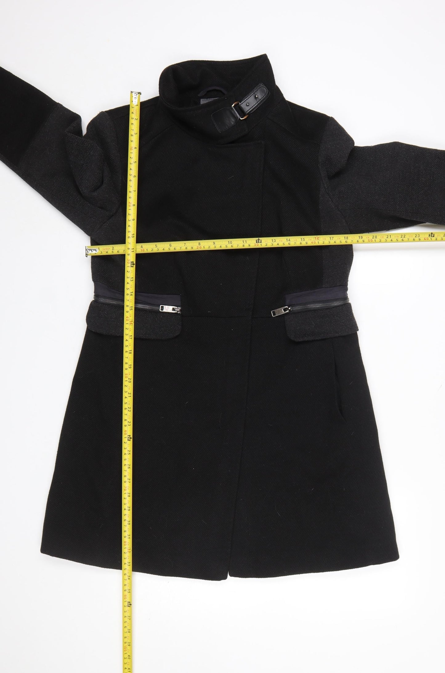 Next Women’s Black Wool Blend Overcoat Size 14 Buckle Collar Workwear
