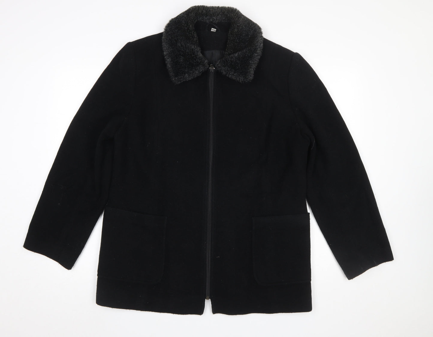 Eleganze Women's Black Wool Blend Fur Collar Overcoat Size 14