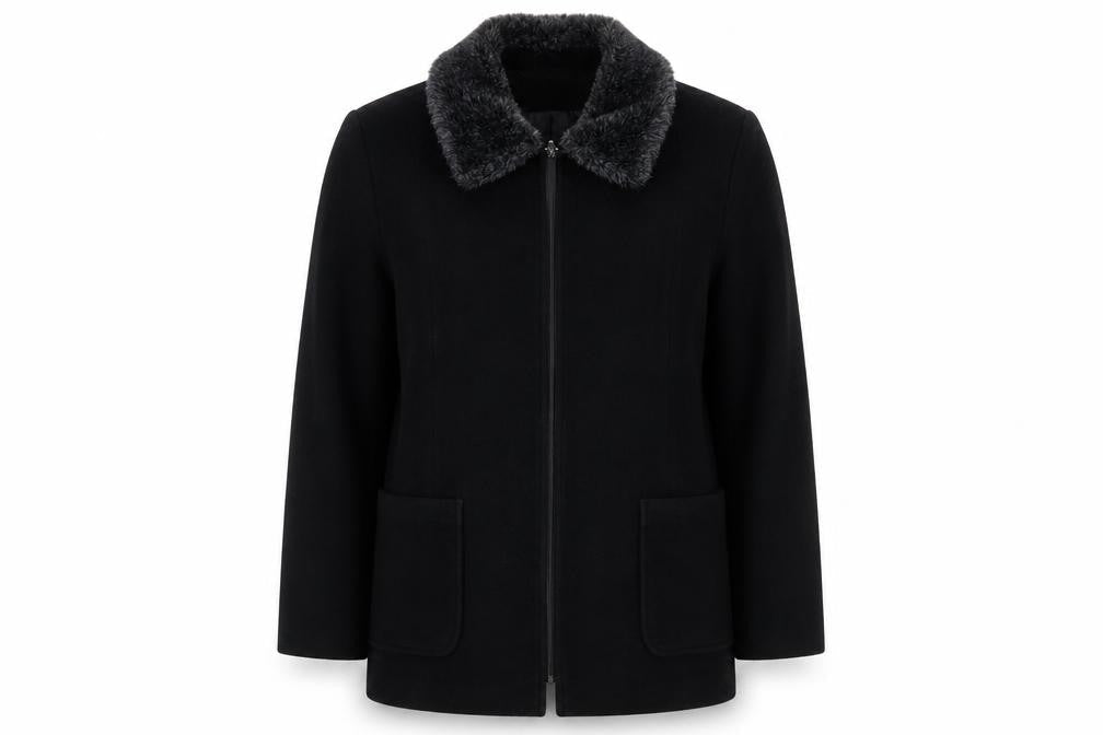 Eleganze Women's Black Wool Blend Fur Collar Overcoat Size 14