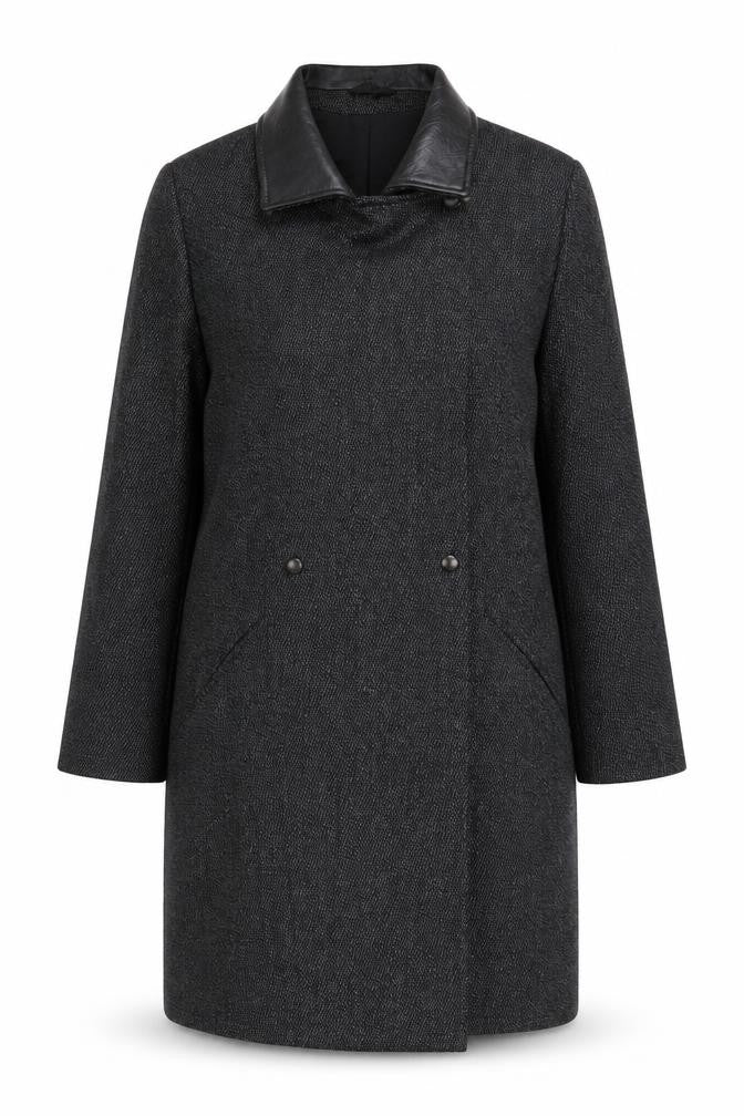 Next Women's Grey Wool Blend Leather Trim Long Overcoat Size 12