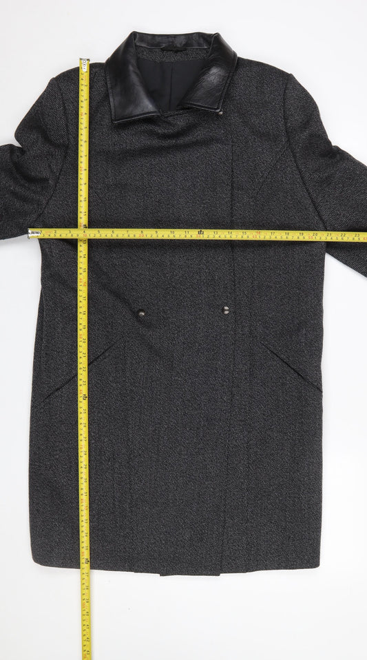 Next Women's Grey Wool Blend Leather Trim Long Overcoat Size 12