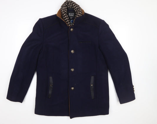 AIERMA Men's Blue Wool Blend Mid-Length Overcoat L