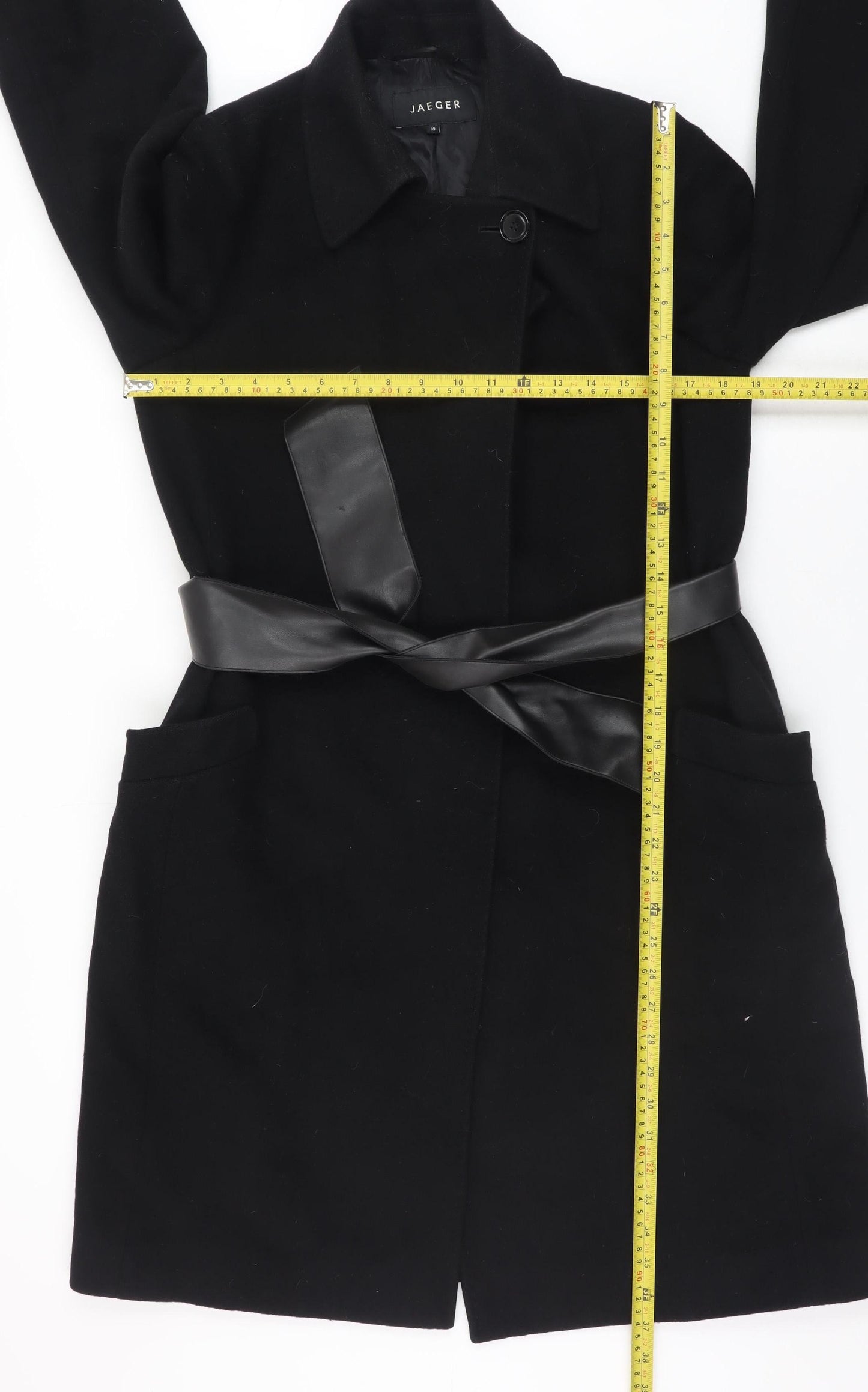 Jaeger Womens Black Wool Long Belted Coat UK 10 Medium Classic Style