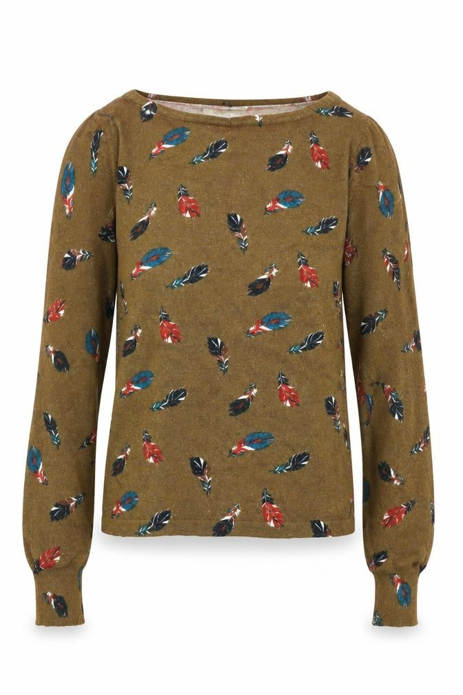 Laura Ashley Women's Brown Feather Print Cotton Pullover Jumper Size 8