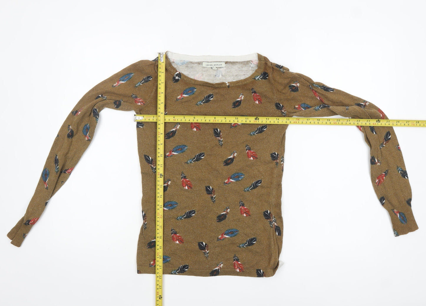Laura Ashley Women's Brown Feather Print Cotton Pullover Jumper Size 8