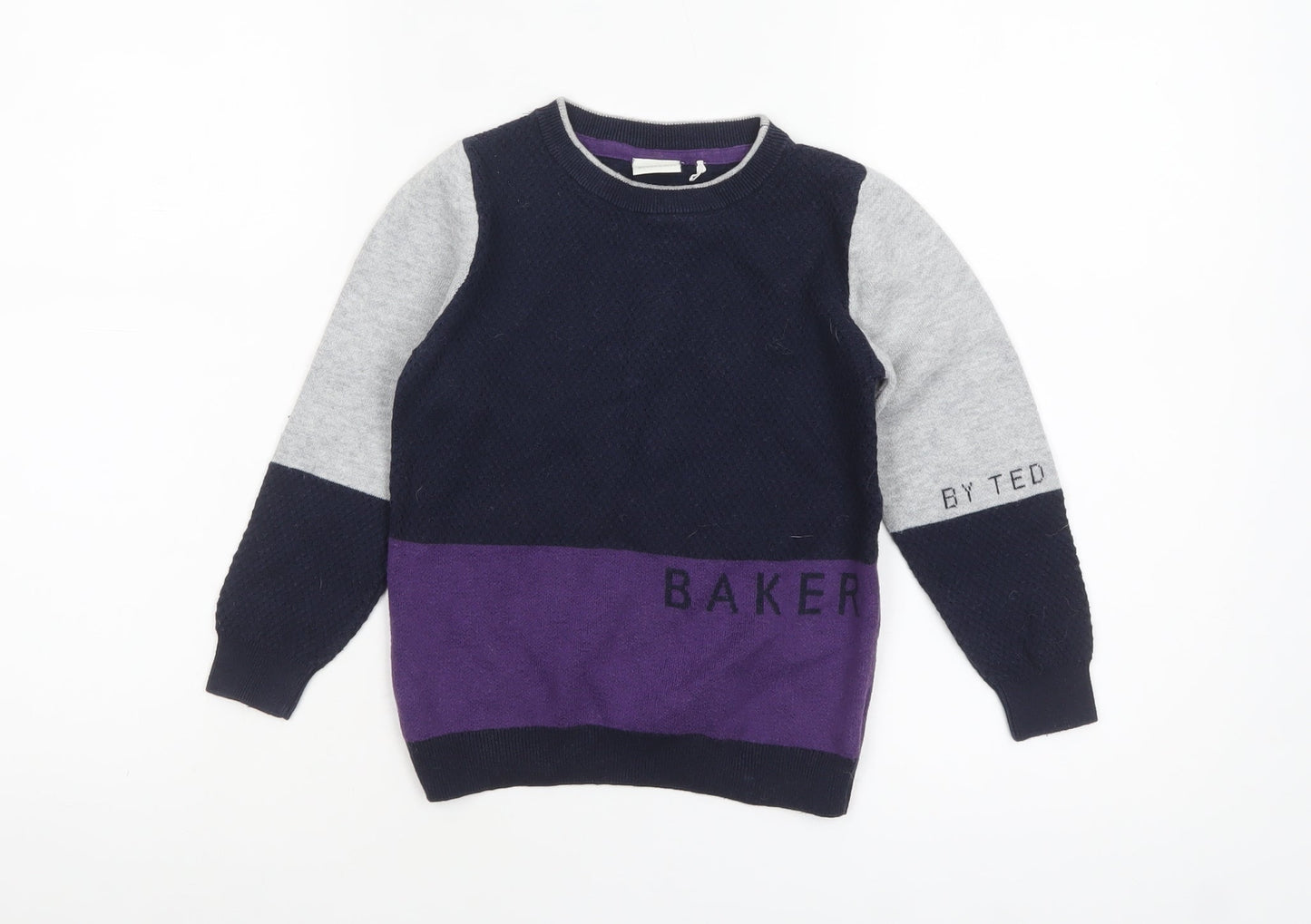 Baker by Ted Baker Boys Colourblock Navy Grey Purple Cotton Wool Jumper 4-5 Years