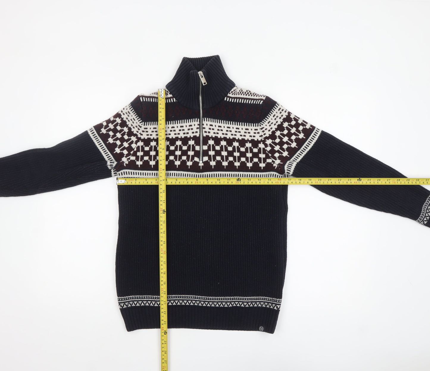 Marks and Spencer Men’s Blue Fair Isle 1/2 Zip Cotton Blend Jumper S