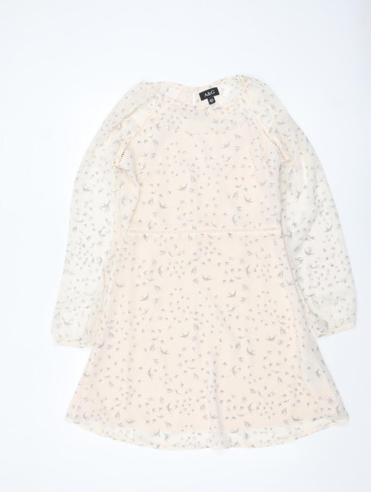 Anita & Green Women Beige Bird Print Chiffon A-Line Dress Size 10