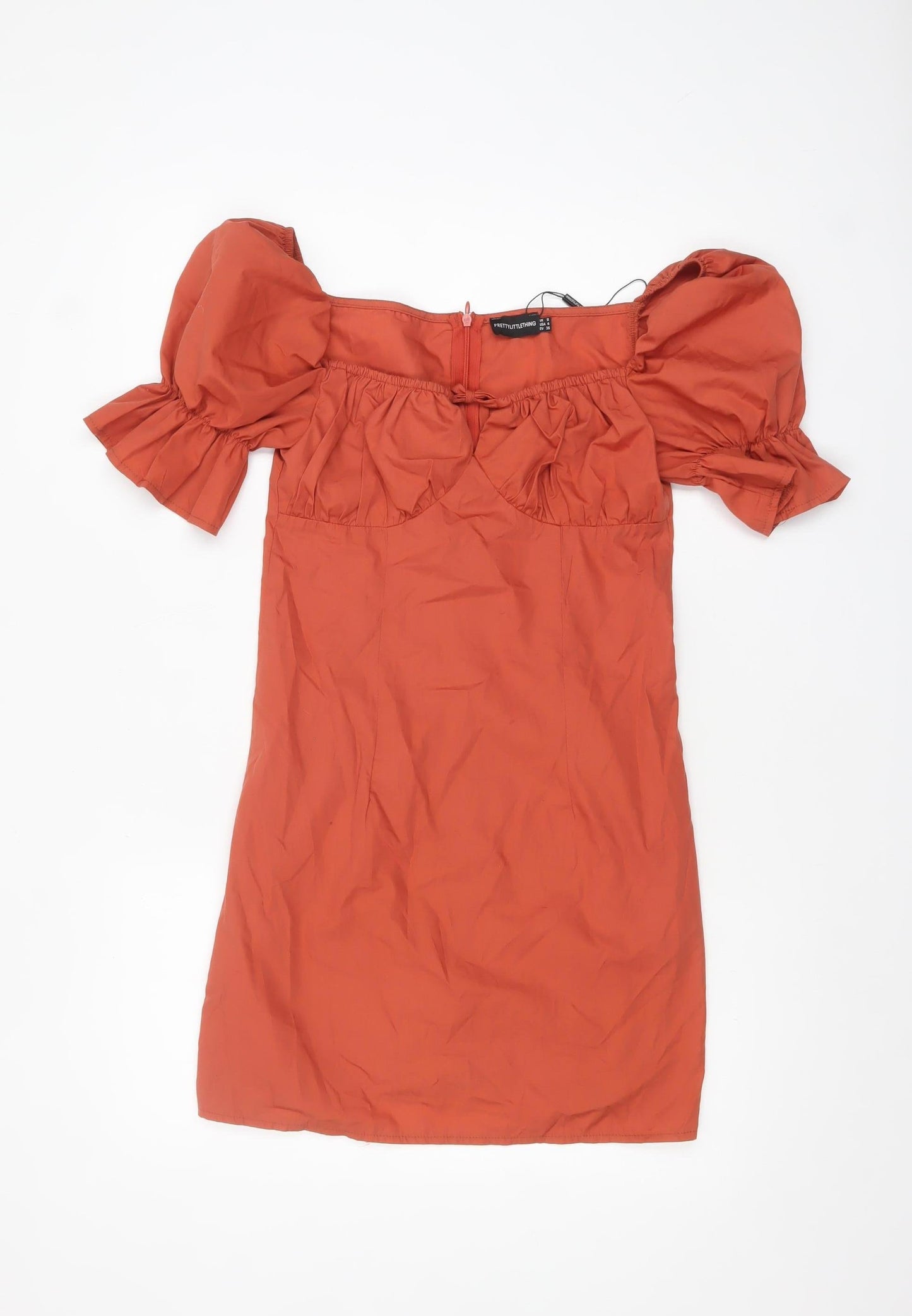 PrettyLittleThing Women’s Orange Off Shoulder Puff Sleeve Bodycon Dress Size 8