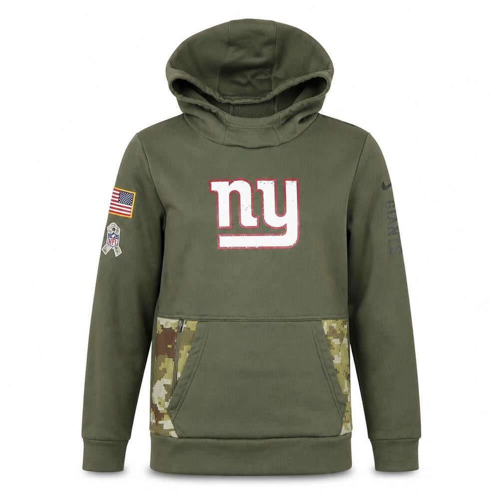 Front view of Nike NFL boys’ green hoodie 10-12 years therma-fit pullover camouflage trim