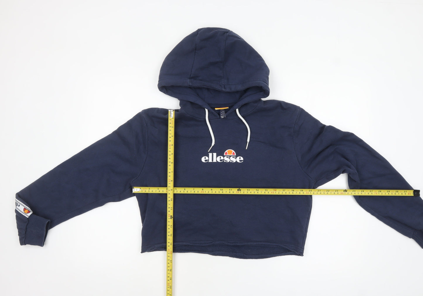 Ellesse Women's Navy Cropped Hoodie UK 14 Logo Sleeve Tape Cotton Blend