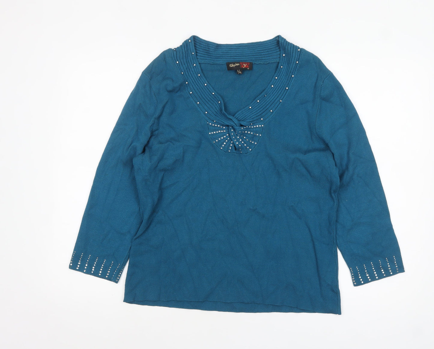 Stephen Women’s Blue Beaded V-Neck 3/4 Sleeve Pullover Jumper L