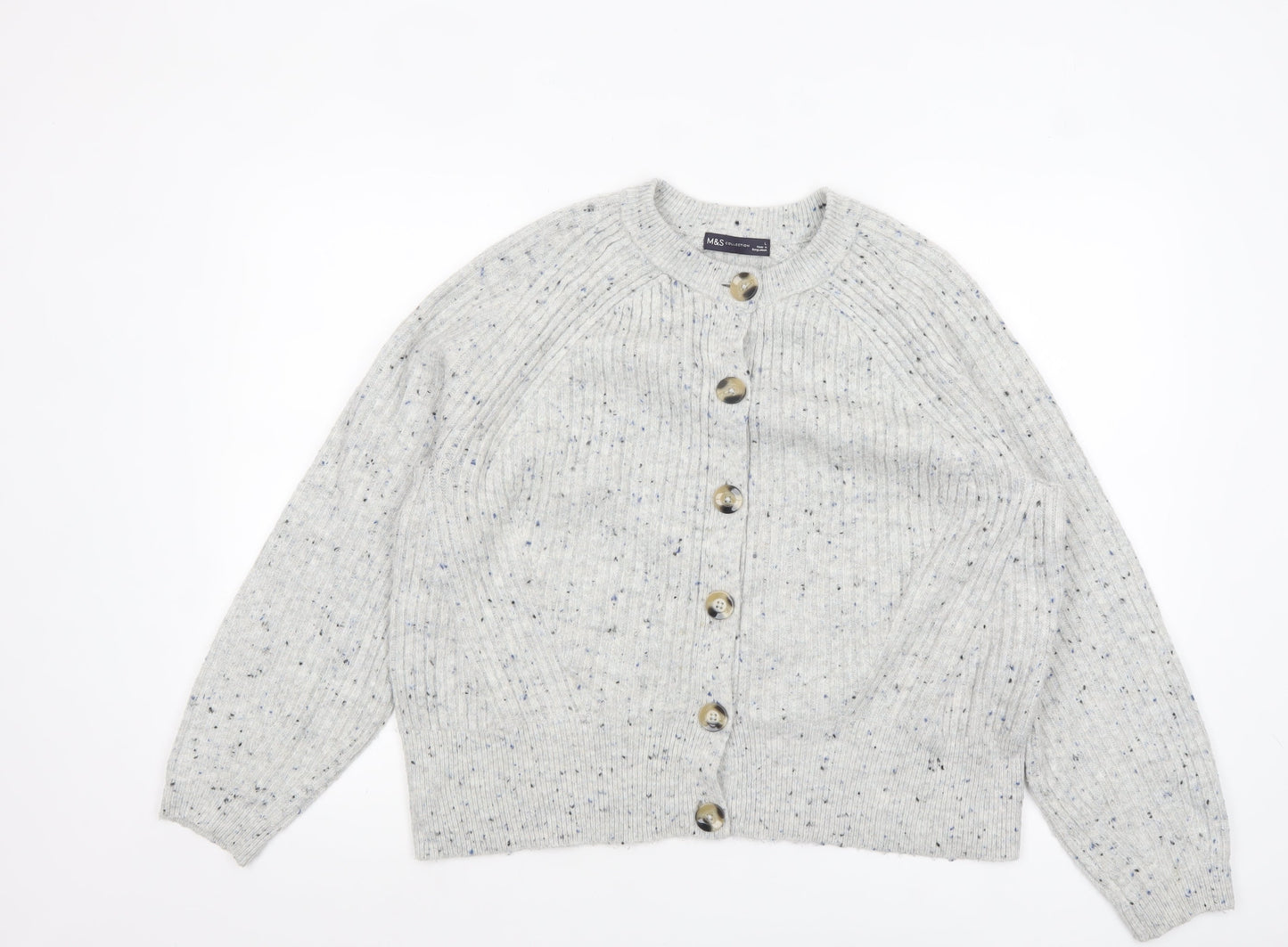 Marks and Spencer Women Grey Cardigan L Knit Button Long Sleeve