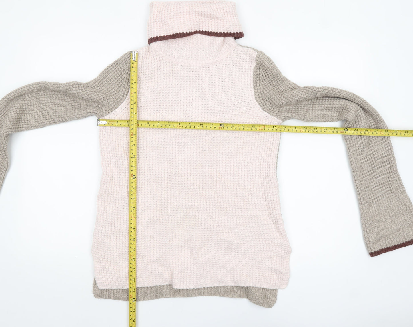 Anthropologie Women Beige Pink Roll Neck Waffle-Knit Jumper XS