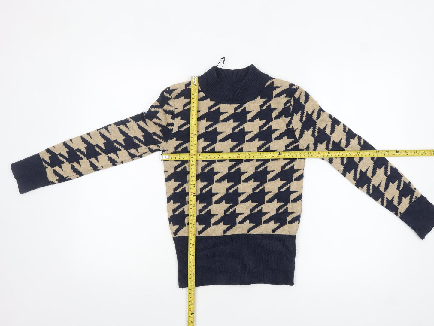 Marks and Spencer Women’s Beige & Navy Mock Neck Houndstooth Jumper Size 8