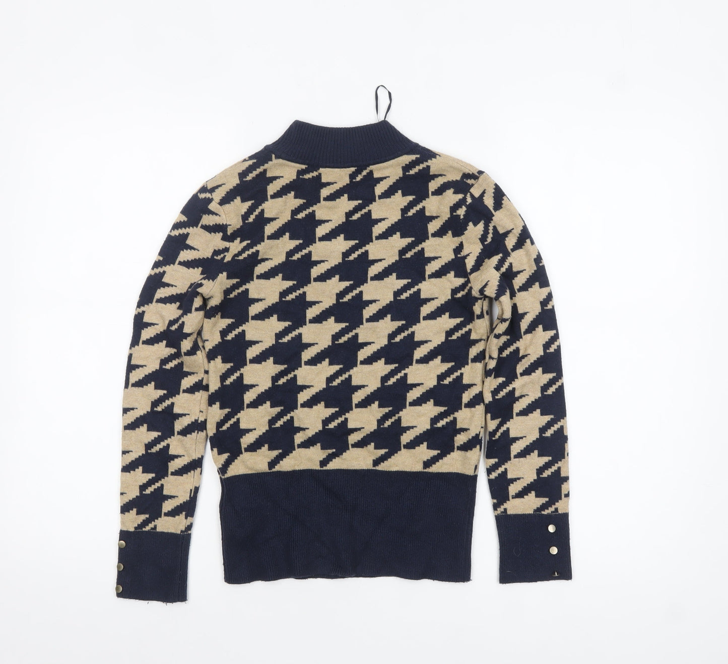 Marks and Spencer Women’s Beige & Navy Mock Neck Houndstooth Jumper Size 8
