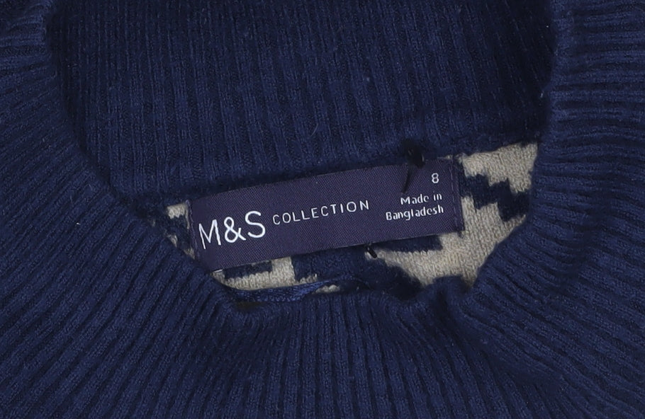 Marks and Spencer Women’s Beige & Navy Mock Neck Houndstooth Jumper Size 8