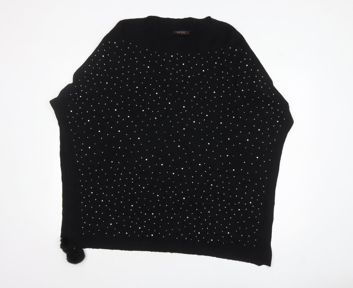 MSD Women's Black Beaded Knit Poncho Jumper S Viscose Blend