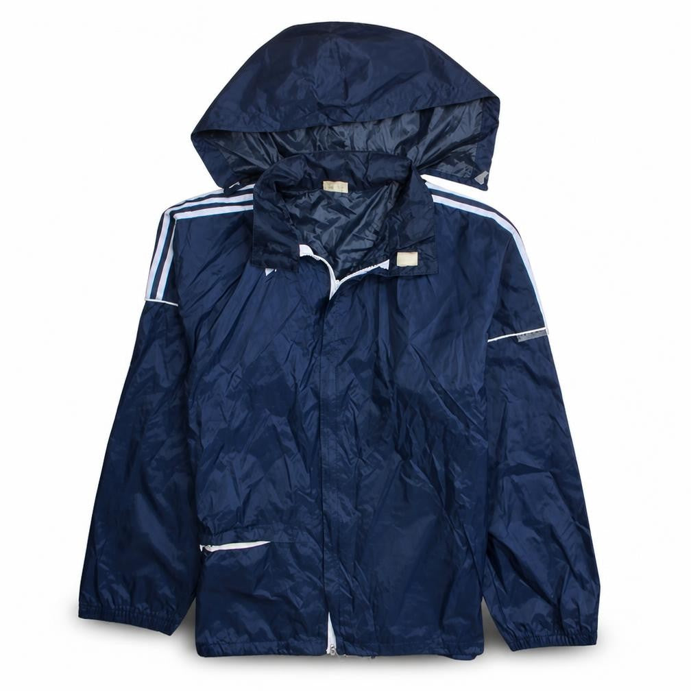 Front view of Adidas boys’ blue hooded windbreaker jacket, size 14, years lightweight sports
