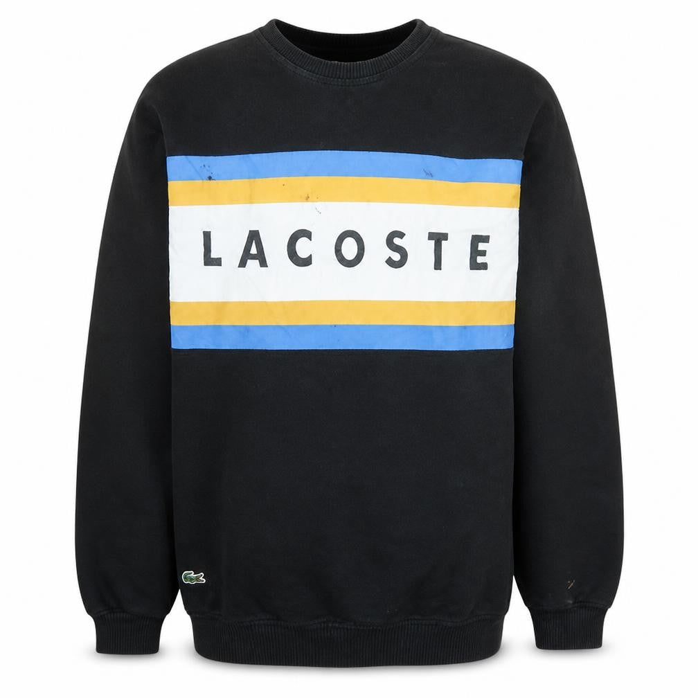 Front view of Lacoste Men's Black Slim Fit Logo Stripe Pullover Sweatshirt L