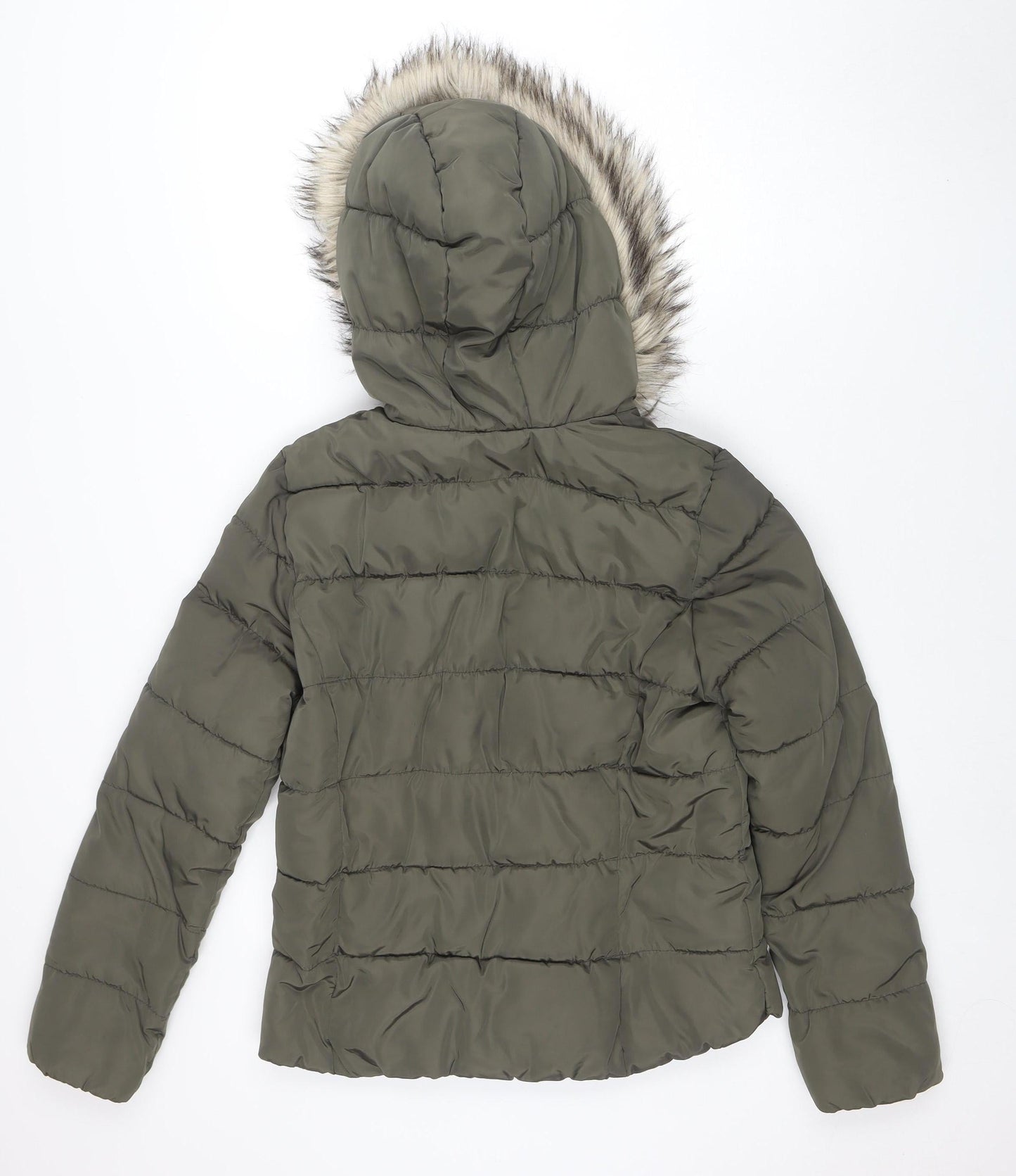 H&M Divided Women's Green 14 Puffer Jacket Faux Fur Hooded Winter Coat