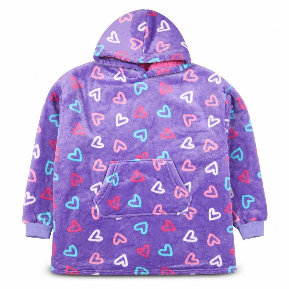 Front view of Snuggle girls’ purple heart print hooded fleece jacket 11-13 years winter