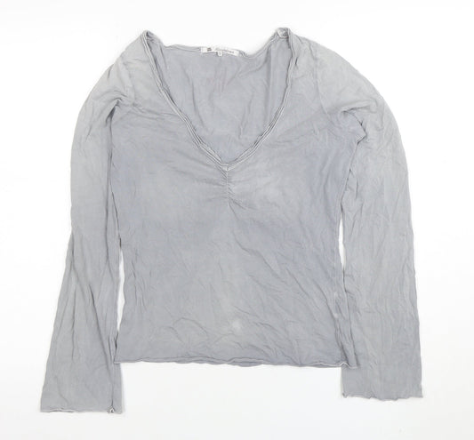 Fat Face Womens Grey Long Sleeve Cotton V-Neck Basic Top Size 10