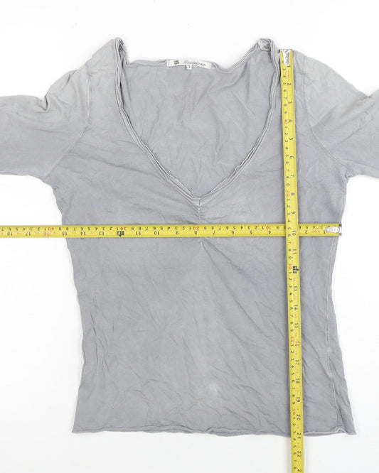 Fat Face Womens Grey Long Sleeve Cotton V-Neck Basic Top Size 10