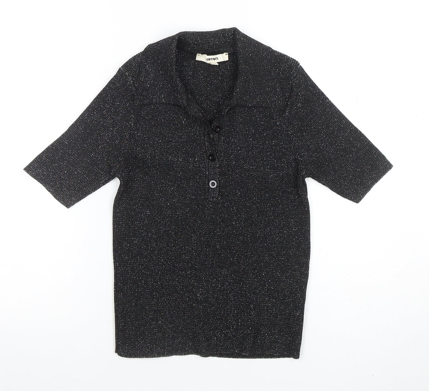 Koton Women Black Glitter Collared Button-Up Knit Top M