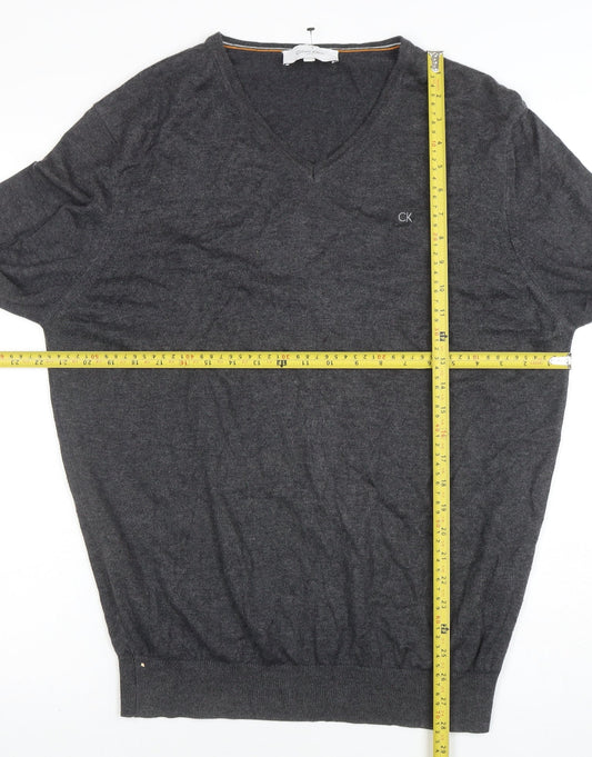 Calvin Klein Men's Grey V-Neck Cotton Acrylic Jumper L