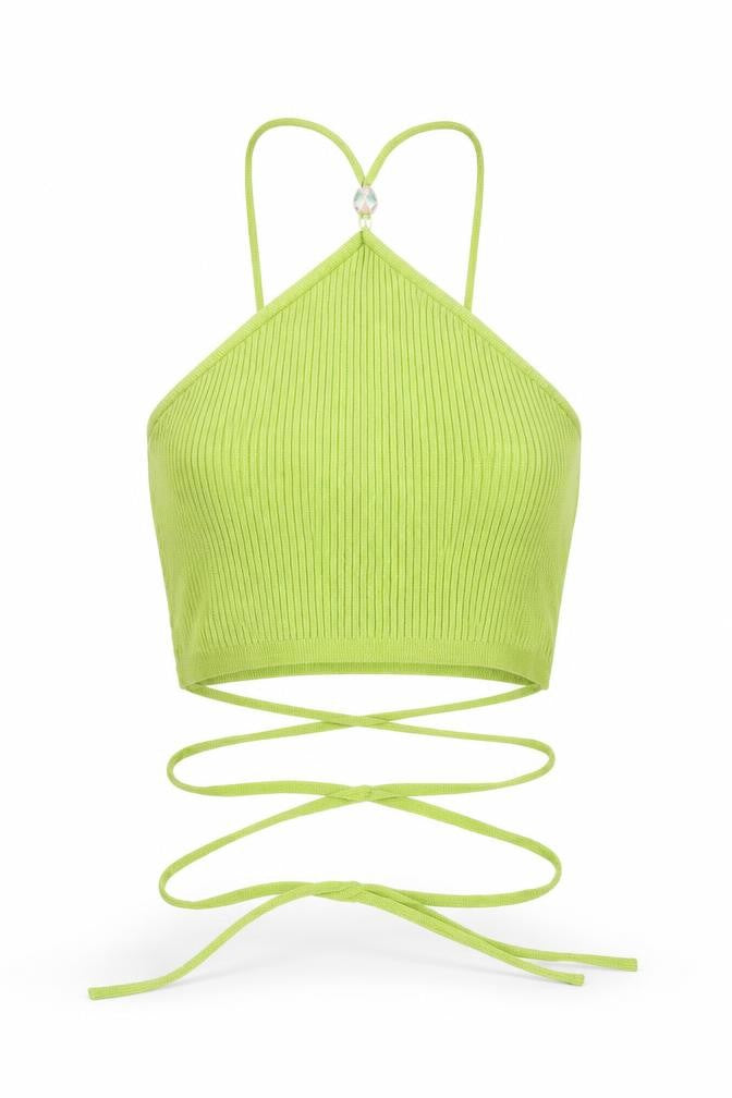 H&M Women’s Green Halter Ribbed Knit Tie Tank Top Size M