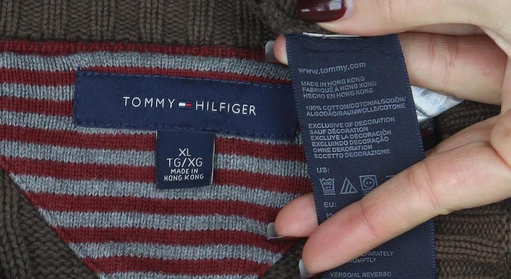 Tommy Hilfiger Men’s Brown XL Cable-Knit Cotton Crew Neck Jumper
