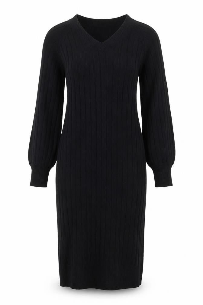 Next Women’s Black XS V-Neck Ribbed Long Sleeve Bodycon Knit Dress