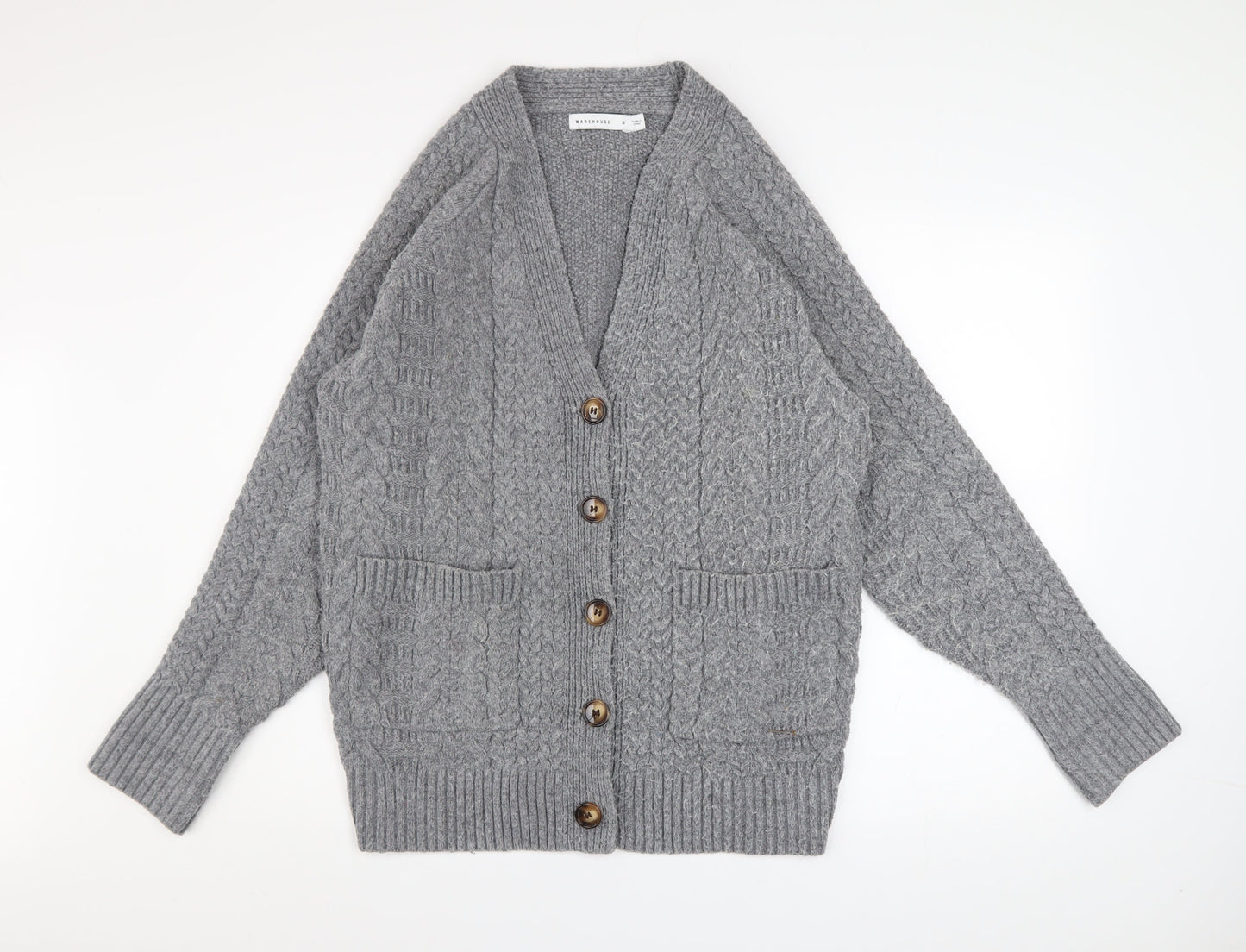 Warehouse Women’s Grey Cable Knit Cardigan Small Polyester Blend