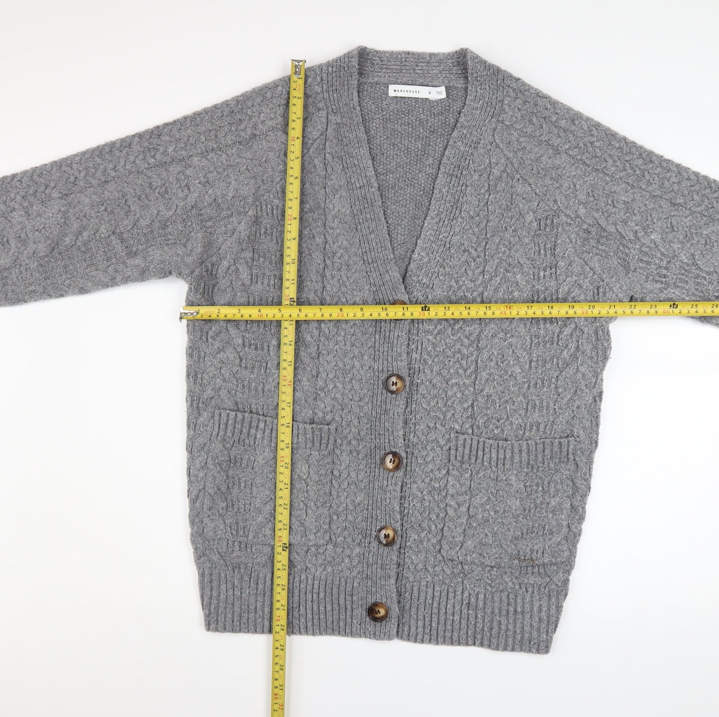Warehouse Women’s Grey Cable Knit Cardigan Small Polyester Blend