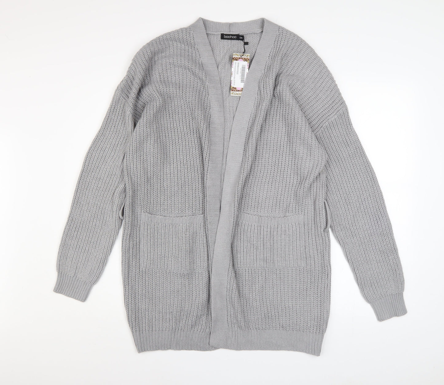 Boohoo Women Grey Chunky Knit Long Sleeve Open Cardigan S