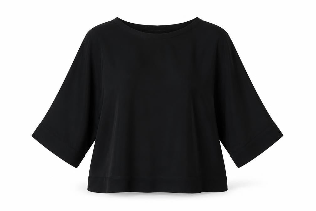 Front view of Zara Woman Black Tunic Blouse, size S, Relaxed Fit 3/4 Sleeve