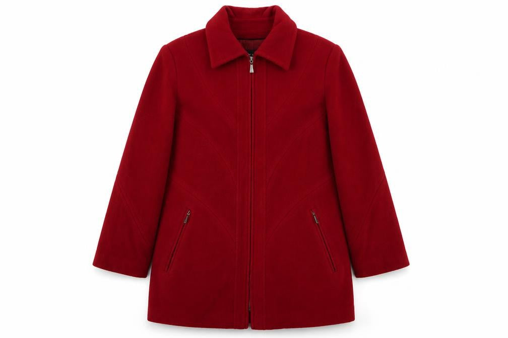 Front view of STYLE women’s red wool cashmere long zip up coat, size UK 14